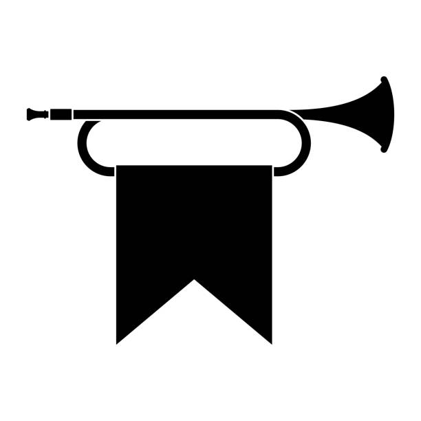 ilustraciones, imágenes clip art, dibujos animados e iconos de stock de instrumento musical icono de trompeta de trompa aislado sobre fondo blanco. fanfarria real con bandera triunfante para tocar música. ilustración vectorial - bugle