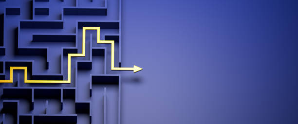 Concept - solving a complex problem. Blue maze and floor with yellow solution path with arrow. Banner size. stock photo