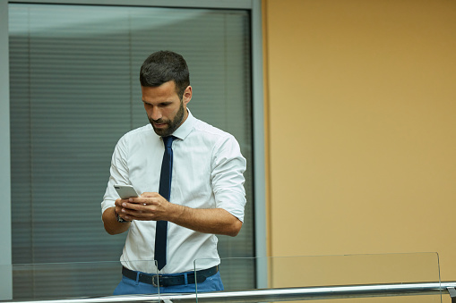 Young businessman typing text message indoors