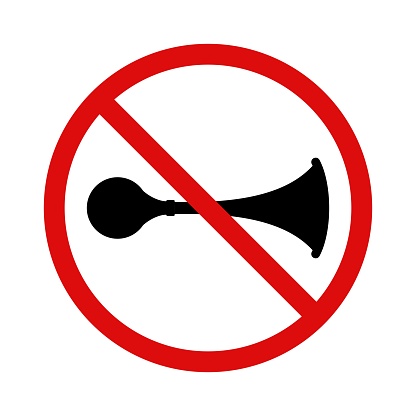 No horn road sign isolated on white background. Crossed out signal horn icon, prohibition of harsh sounds. Ban honking. No loud sound symbol. Vector illustration.