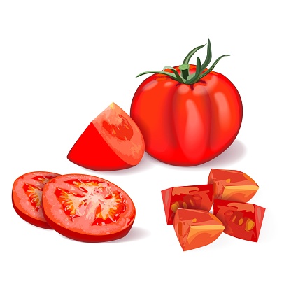 Composition of a whole, quarter, sliced tomatoes. Red Globe tomato for banners, flyers, social media. Fresh organic, diet and vegetarian vegetables. Vector illustration isolated on white background.