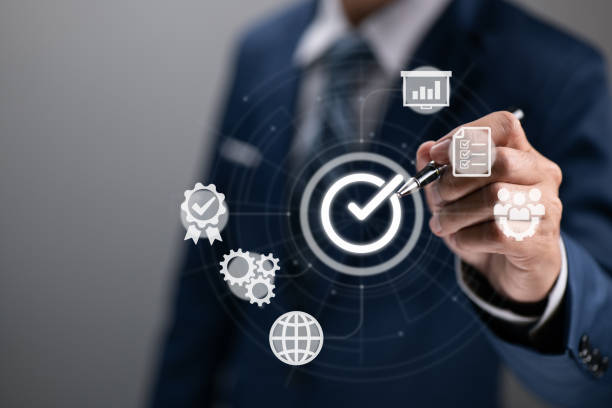 istock Quality management includes Quality Assurance (QA), Quality Control (QC), and Improvement. The notion of standardization and certification. Manager approved the concept. 1396483321