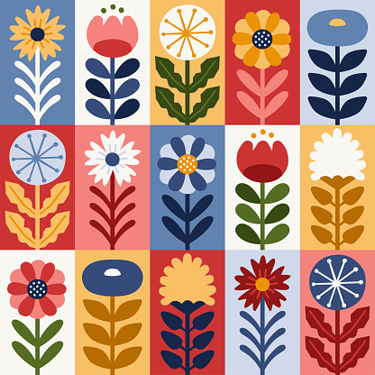 Scandinavian style floral rectangular summer seamless vector pattern. Wrapping paper design. Part three.