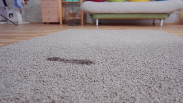 young woman walks across the carpet and leaves a muddy trail of Slippers behind her