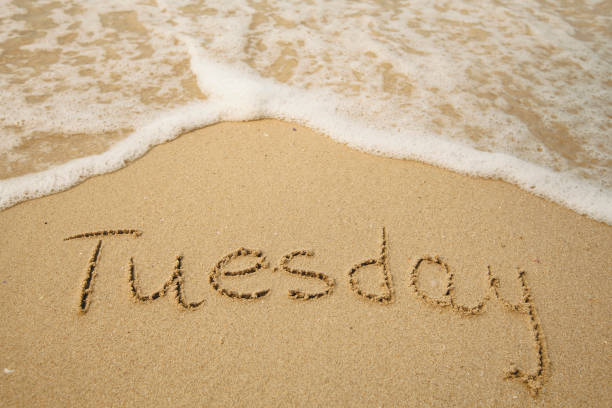 istock Tuesday - drawing on the soft beach sand with a soft lapping wave. 1396486709