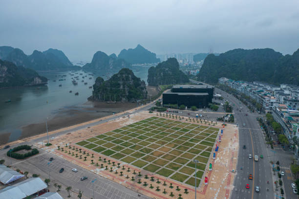 Drone view panorama of Ha Long  bay with October 30 Square, Ha Long city, Quang Ninh province, north Viet Nam