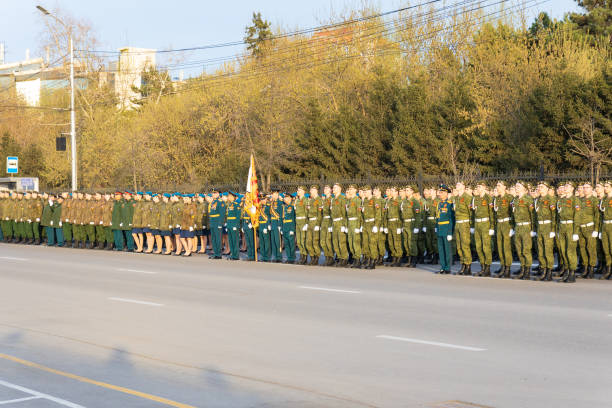Krasnoyarsk, Russia - May 5, 2022: Soldiers stand in formation during the rehearsal of the Victory Parade in the Great Patriotic War