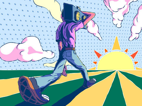 Cartoon solar illustration in perspective - Man walking with boombox. Retro illustration in comic style.