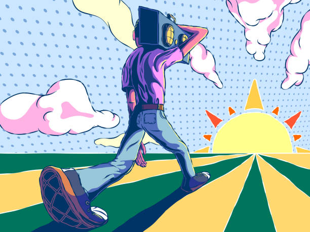 Man walking with boombox. Cartoon solar illustration in perspective - Man walking with boombox. Retro illustration in comic style. one point perspective person stock illustrations
