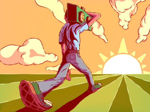 Cartoon solar illustration in perspective - Man walking with boombox. Retro illustration in comic style.