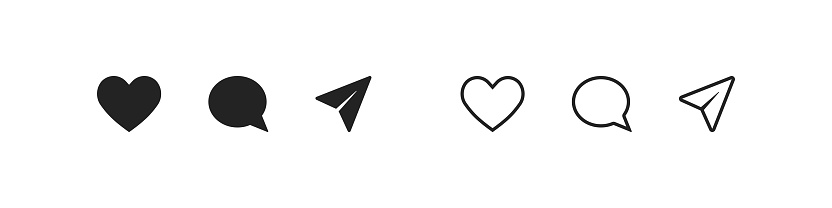 Set with a black social network icon. Heart, comment, send icons. Vector line illustration. Ui symbol. EPS10
