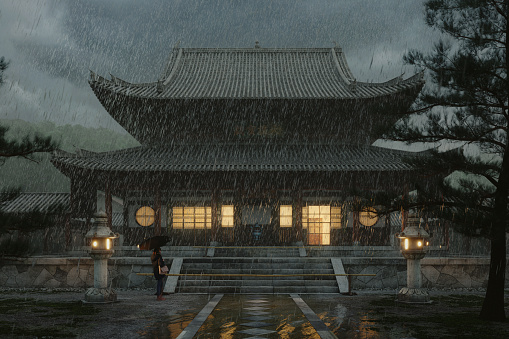 Digitally generated Asian exterior scene, during a torrential rain.\n\nThe scene was created in Autodesk® 3ds Max 2022 with V-Ray 5 and rendered with photorealistic shaders and lighting in Chaos® Vantage with some post-production added.