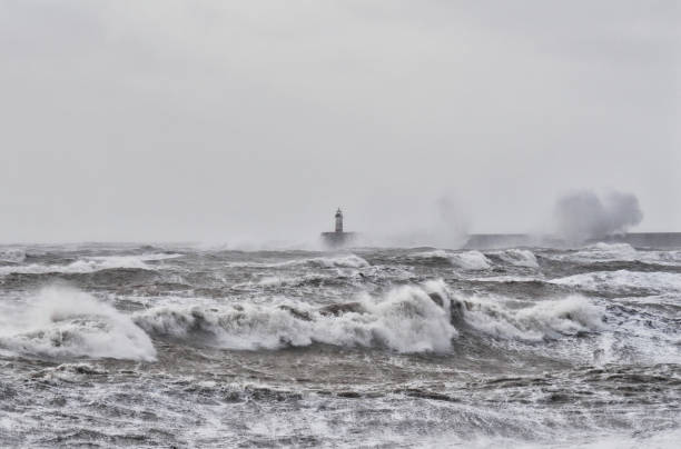 istock Storm waves crash on lighthouse and sea wall 1396492205
