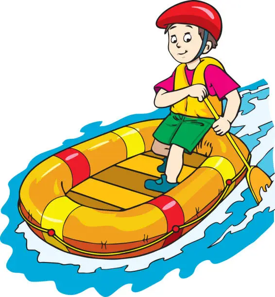 Vector illustration of Happy kid rafting with rubber boat