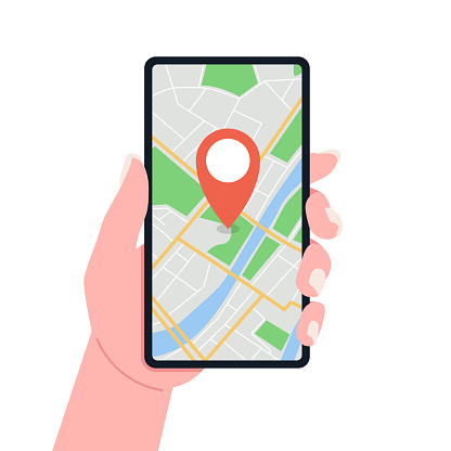 Female hand holding smartphone with map and marker. Location track. Vector illustration.