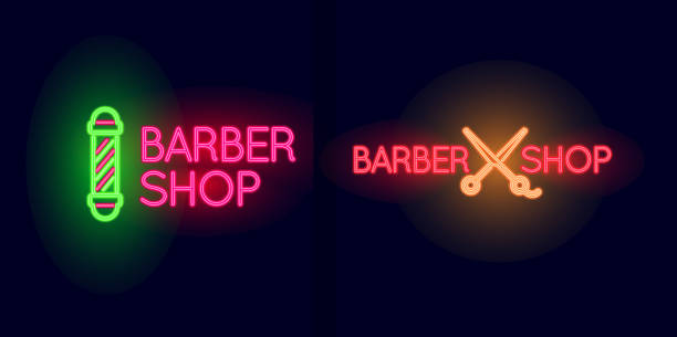 istock Barber Shop Neon light sign set. Barber Pole and Scissors. 1396494637