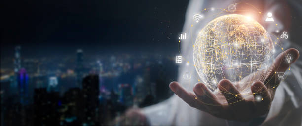 istock Hand of businessman with global internet connection application technology and digital marketing, Financial and banking, Digital link tech, big data. business concept 1396494863