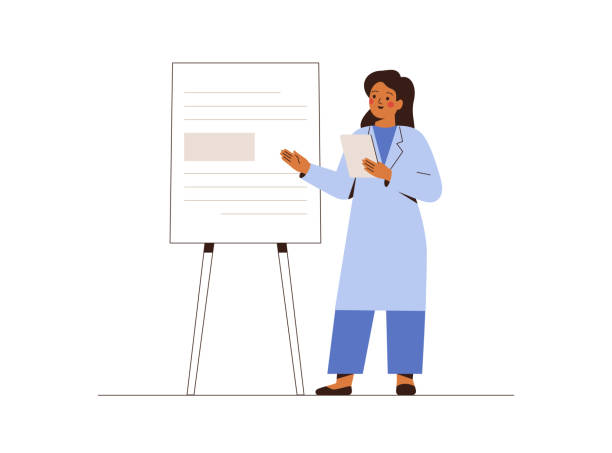 Doctor or scientist has speech and shows some information on the board. Doctor or scientist has speech and shows some information on the board. Medical presentation concept. Vector illustration prep medicine stock illustrations