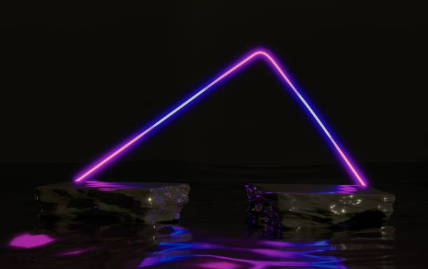 istock Abstract background neon light and laser glowing square frame in dark background, geometric rock and stone shape in water with waves, product presentation show on podium blank template, 3D rendering 1396495558