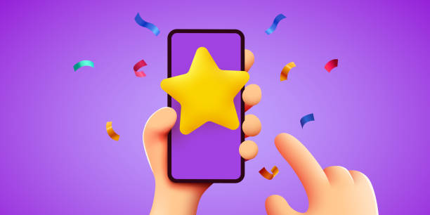 User puts an excellent rating in the mobile application. Cartoon hands with smartphone and rating star. User puts an excellent rating in the mobile application. Cartoon hands with smartphone and rating star. Vector illustration Iphone stock illustrations