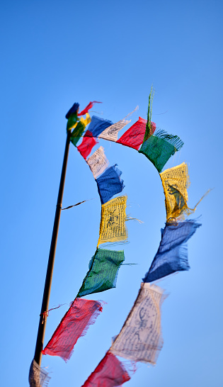 detail of a group of Buddhist or Tibetan prayer flags on a flagpole against a blue sky
