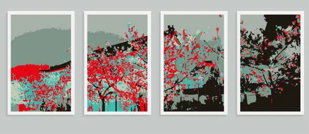 Vector illustration of Vector the cherry blossom sakura street city night landscape scene woodcut style pattern postcard illustration backgrounds