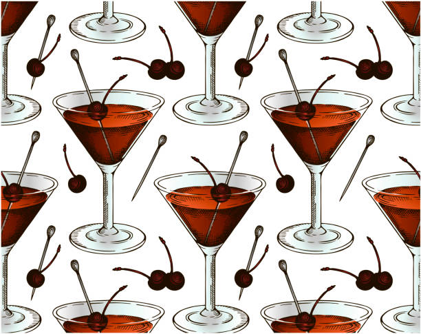 skizzieren sie ein handgezeichnetes muster eines manhattan-cocktails in glas mit brandied cherry, isoliert auf weißem hintergrund. - new york city built structure glass backgrounds stock-grafiken, -clipart, -cartoons und -symbole