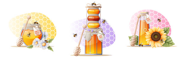 벌집 형태의 여러 가지 색상의 배경에 꿀 항아리, 나무 숟가락, 꿀벌 및 꽃이있는 삽화 세트 - bee flower backgrounds golden sunflower stock illustrations