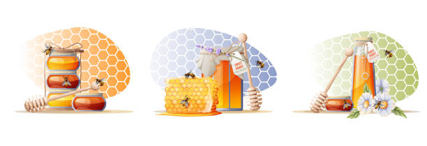 벌집 형태의 여러 가지 색상의 배경에 꿀 항아리, 나무 숟가락, 꿀벌 및 꽃이있는 삽화 세트 - bee flower backgrounds golden sunflower stock illustrations