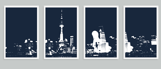 Vector Shanghai city bund skyline scene silhouettes pattern postcard illustration banner backgrounds