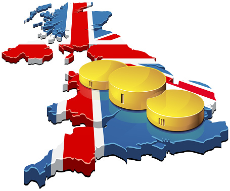 Golden champion podium on the 3D map of the United Kingdom with the colors of the British flag