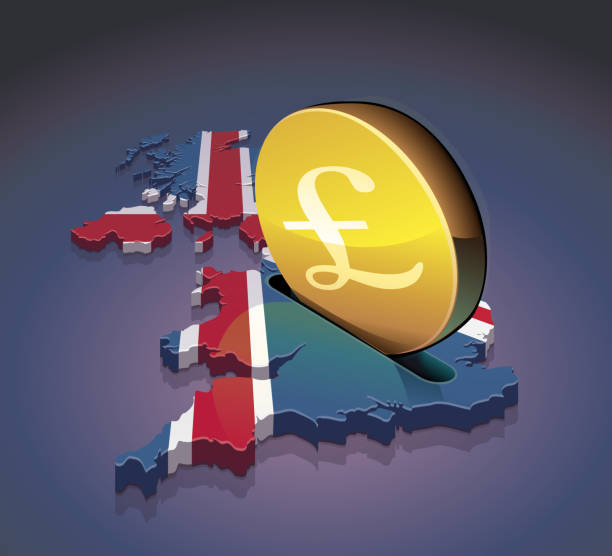 British pound sterling investment in the UK  (dark background) A coin with the symbol of the British pound sterling is inserted into a slot of the United Kingdom 3D map in the colors of the British flag like a piggy bank british coins stock illustrations