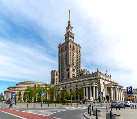 Warsaw, Poland - May 01, 2022: Downtown cityscape in Warsaw. Famous building of the Palace of Culture and Science and skyscrapers