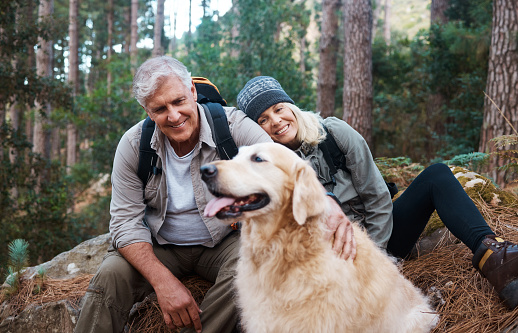 istock Shot of a senior couple out hiking with their dog 1396504295