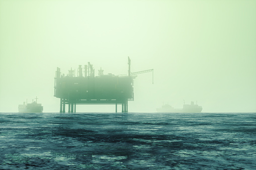 Oil platform at sea. This is 3D generated image.