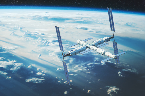 International Space Station Orbiting Earth. 3D Illustration.