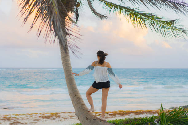 istock Woman on the beach in Tulum. Standing on palm tree 1396504516