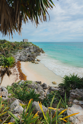 Scenic serene view of Tulum Mayan ruins at seaside