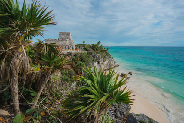 Scenic serene view of Tulum Mayan ruins at seaside