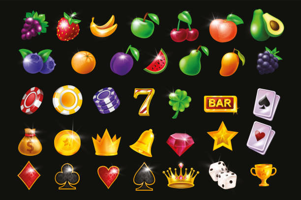 illustrazioni stock, clip art, cartoni animati e icone di tendenza di set di icone vettoriali per giochi di slot da casinò, kit badge ui per macchine da gioco, corona d'oro, frutta lucida. - slot machine illustrations