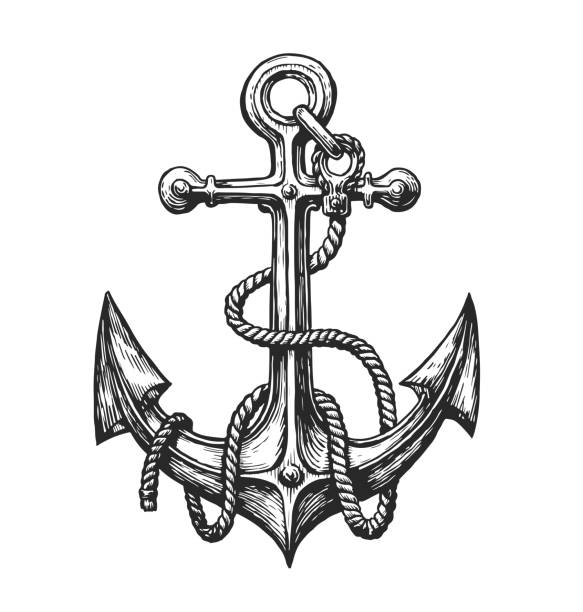 Nautical ship anchor with rope in vintage engraving style. Marine concept, seafaring symbol. Sketch vector illustration Nautical ship anchor with rope in vintage engraving style. Marine concept, seafaring symbol. Sketch vector illustration us sailor stock illustrations