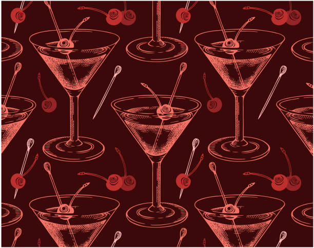 skizzieren sie ein handgezeichnetes muster eines manhattan-cocktails in glas mit brandied cherry, isoliert auf rotem hintergrund. - new york city built structure glass backgrounds stock-grafiken, -clipart, -cartoons und -symbole