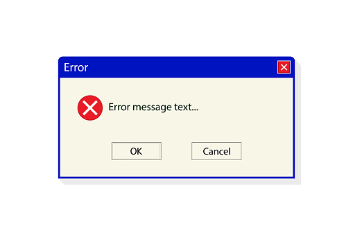 Error window on computer. Error message on 90s pc system. Alert message from old interface. Warning from software. Vintage window with notification and buttons. Vector.