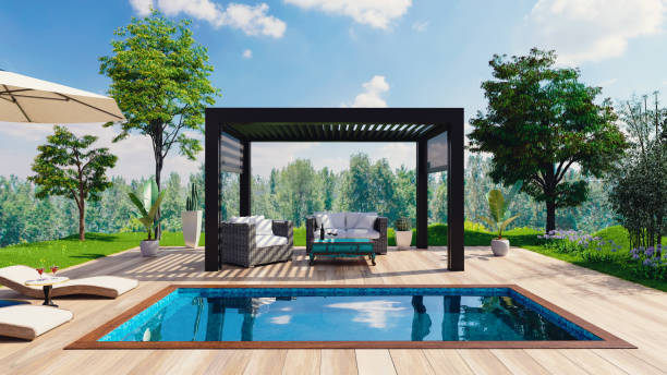 istock 3D render front view of outdoor pergola o pool deck 1396508752