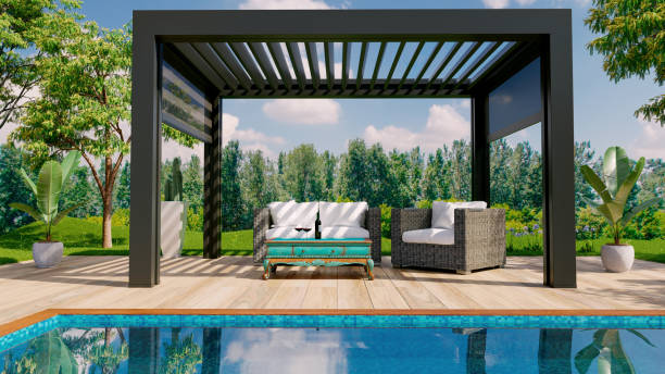 istock 3D render of modern pergola on outdoor terrace 1396508773