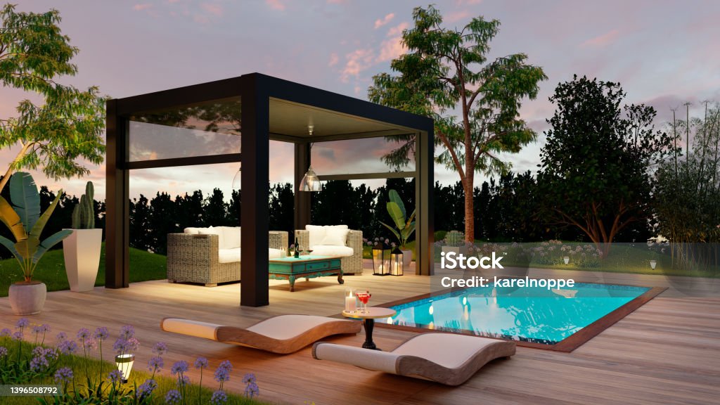 Side view 3D render of black outdoor pergola on deck next to swimming pool at sunset 3D illustration of luxury outdoor garden with teak wooden deck and black pergola. Sofas and deck chairs next to the swimming pool at sunset. Patio Stock Photo