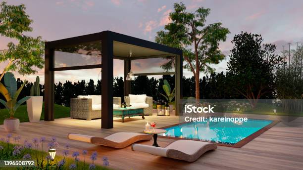 Side View 3d Render Of Black Outdoor Pergola On Deck Next To Swimming Pool At Sunset Stock Photo - Download Image Now