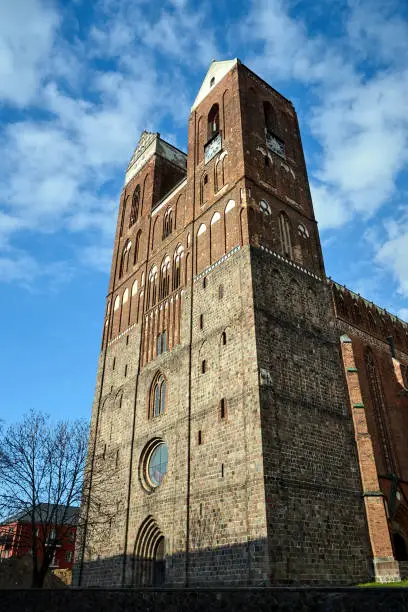 Towers of the medieval St.-Marien-Kirche Evangelical Church in the city of Prenzlau, Germany