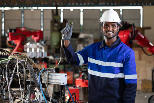 istock African electrician engineer or worker checking electric cable in robot factory 1396509067