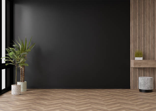 Empty room, black wall and parquet floor. Indoor plants. Mock up interior. Free, copy space for your furniture, picture and other objects. 3D rendering.